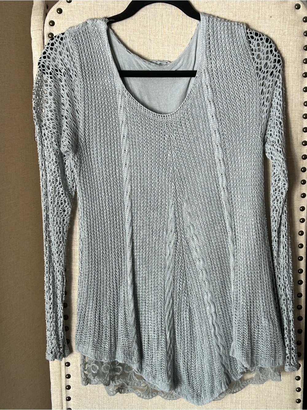 Light Gray Open-Knit Scoop Neck Women's Sweater with Lace Hem